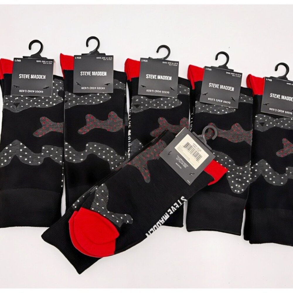 Steve Madden Men Crew Socks Cushion Black Geometric Polka 6 Pairs Red Shoe 6-12
